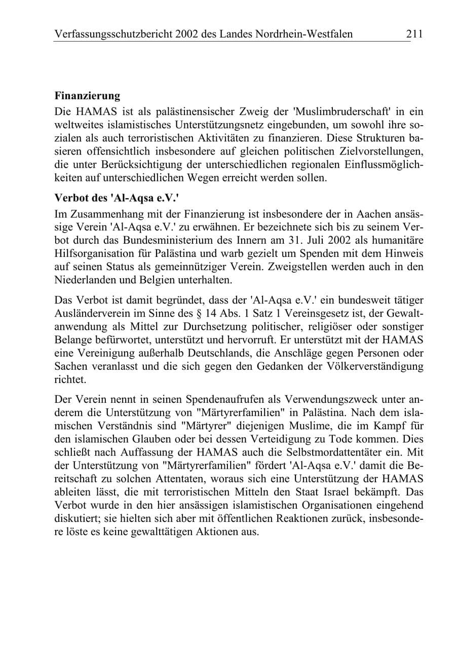 Seite 210 des Verfassungsschutzbericht 2002 Nordrhein-Westfalen