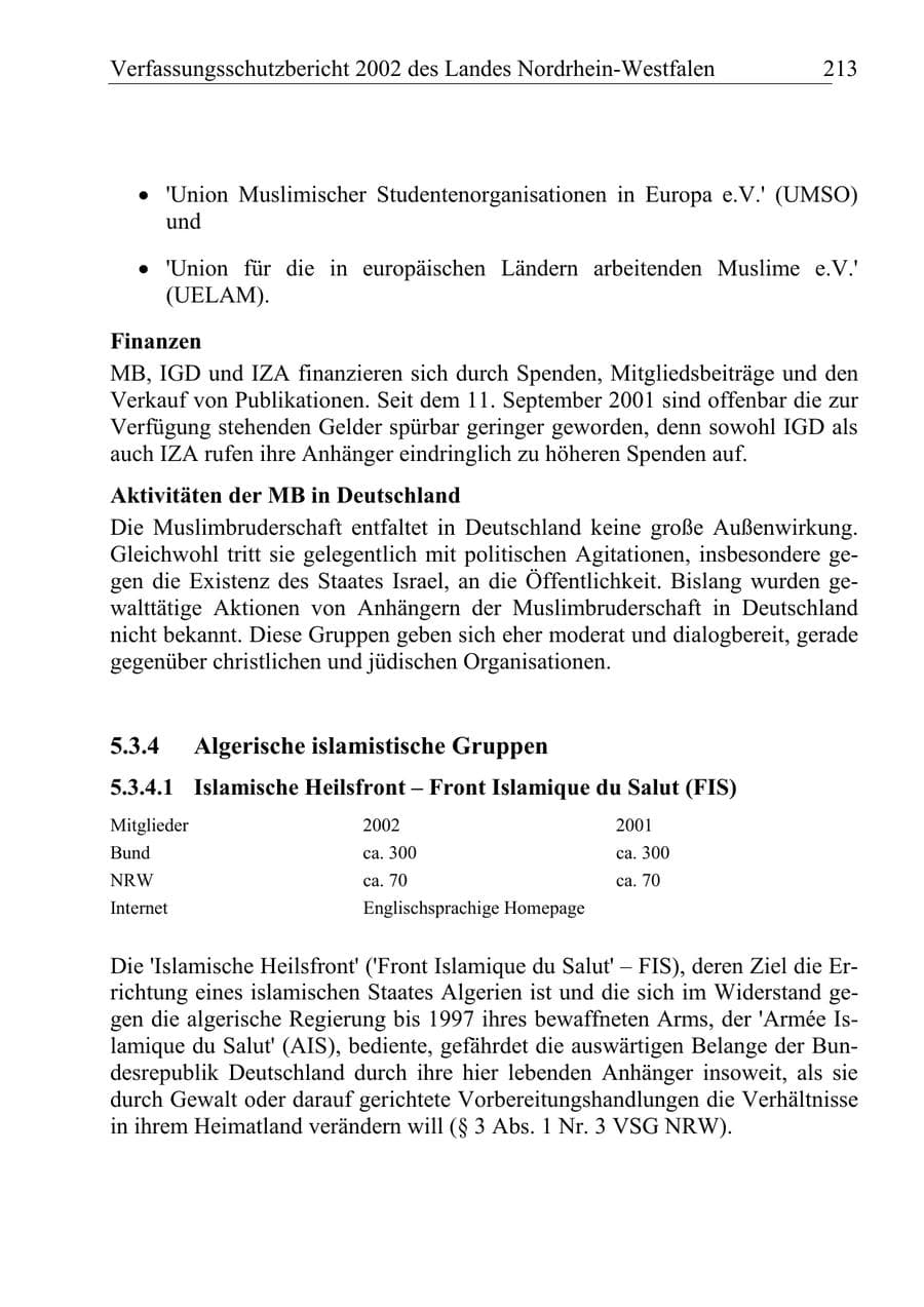 Seite 212 des Verfassungsschutzbericht 2002 Nordrhein-Westfalen