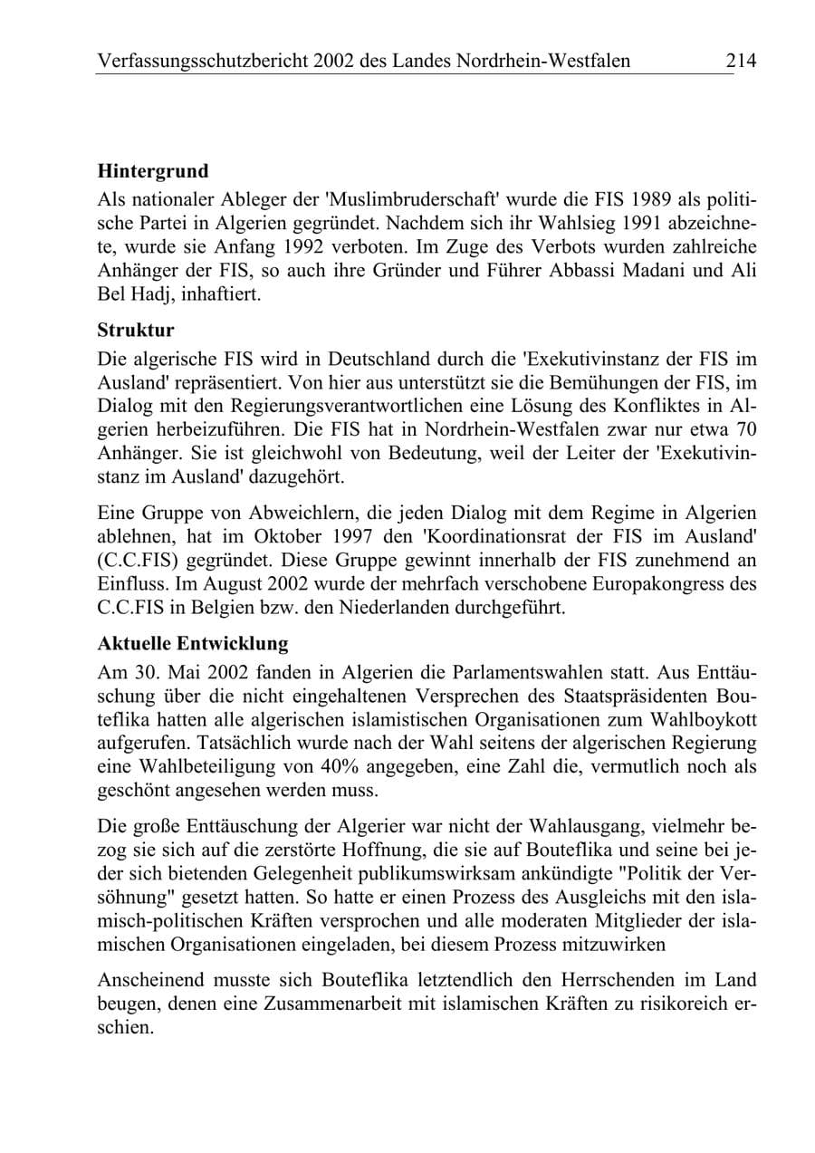 Seite 213 des Verfassungsschutzbericht 2002 Nordrhein-Westfalen