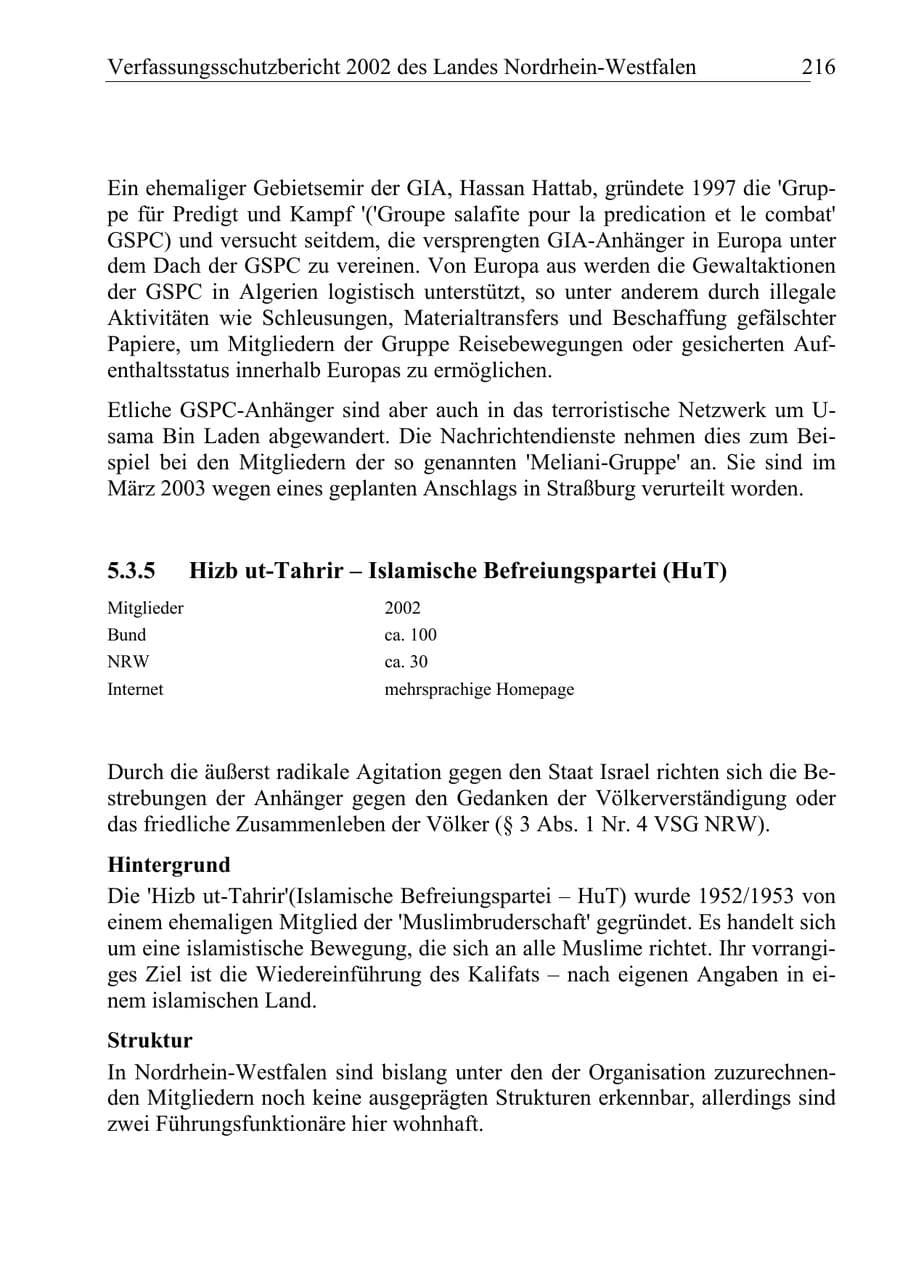 Seite 215 des Verfassungsschutzbericht 2002 Nordrhein-Westfalen