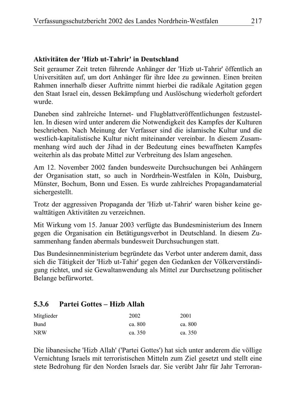 Seite 216 des Verfassungsschutzbericht 2002 Nordrhein-Westfalen