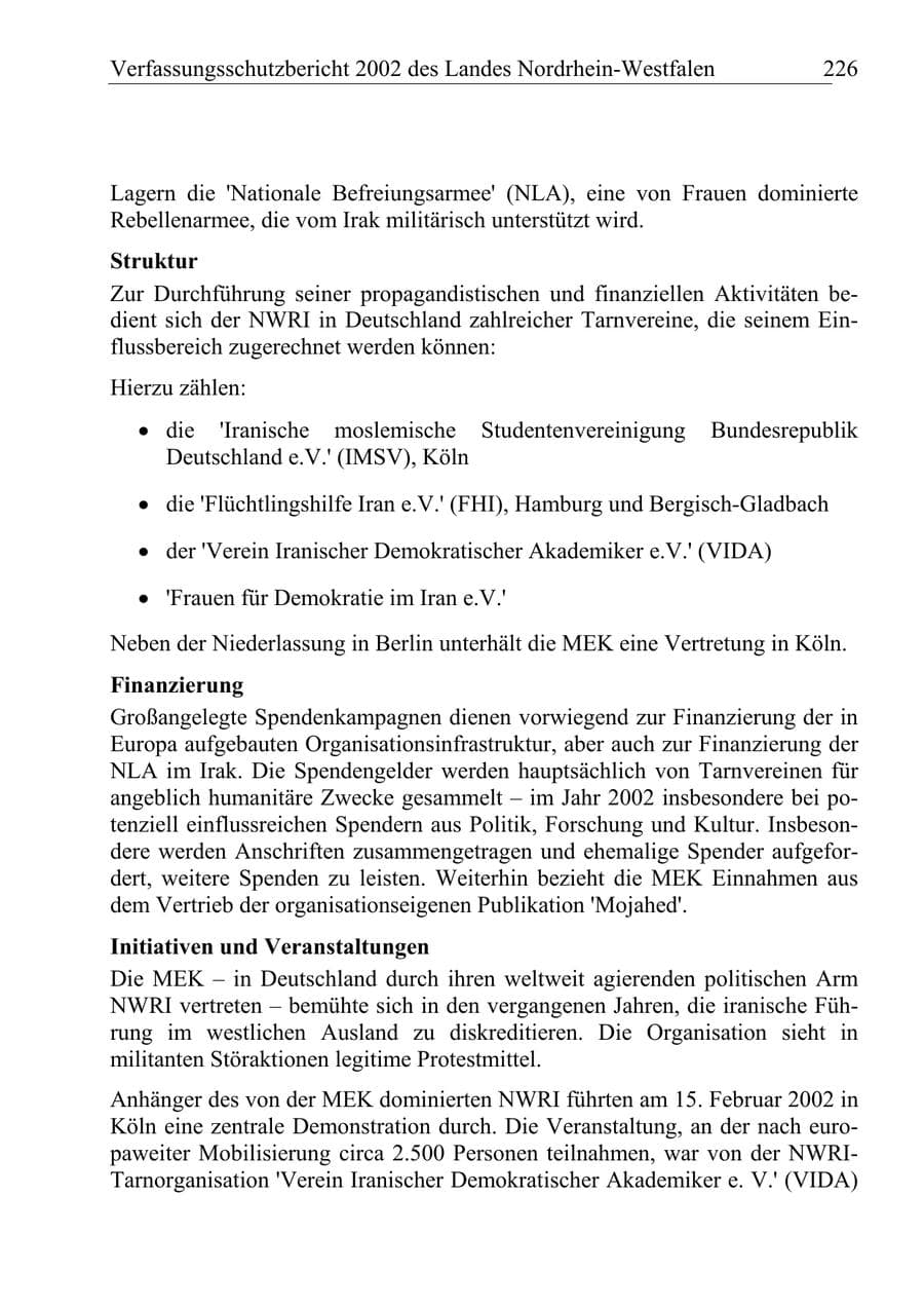 Seite 225 des Verfassungsschutzbericht 2002 Nordrhein-Westfalen