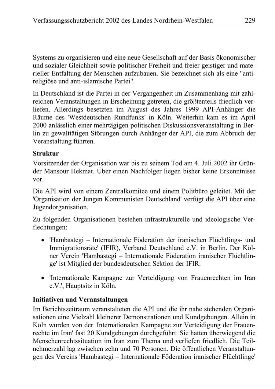 Seite 228 des Verfassungsschutzbericht 2002 Nordrhein-Westfalen