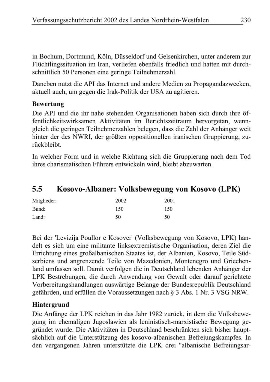 Seite 229 des Verfassungsschutzbericht 2002 Nordrhein-Westfalen