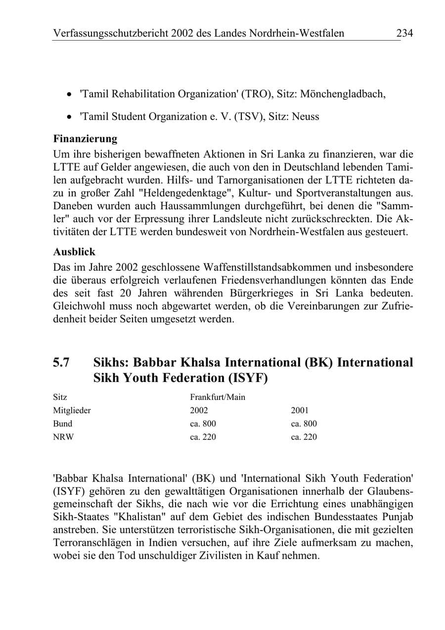 Seite 233 des Verfassungsschutzbericht 2002 Nordrhein-Westfalen
