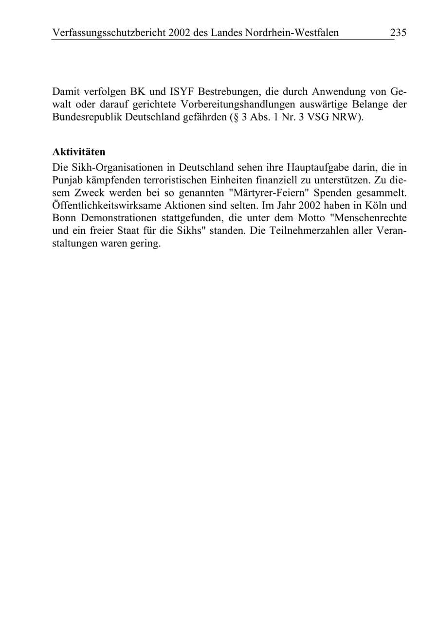 Seite 234 des Verfassungsschutzbericht 2002 Nordrhein-Westfalen