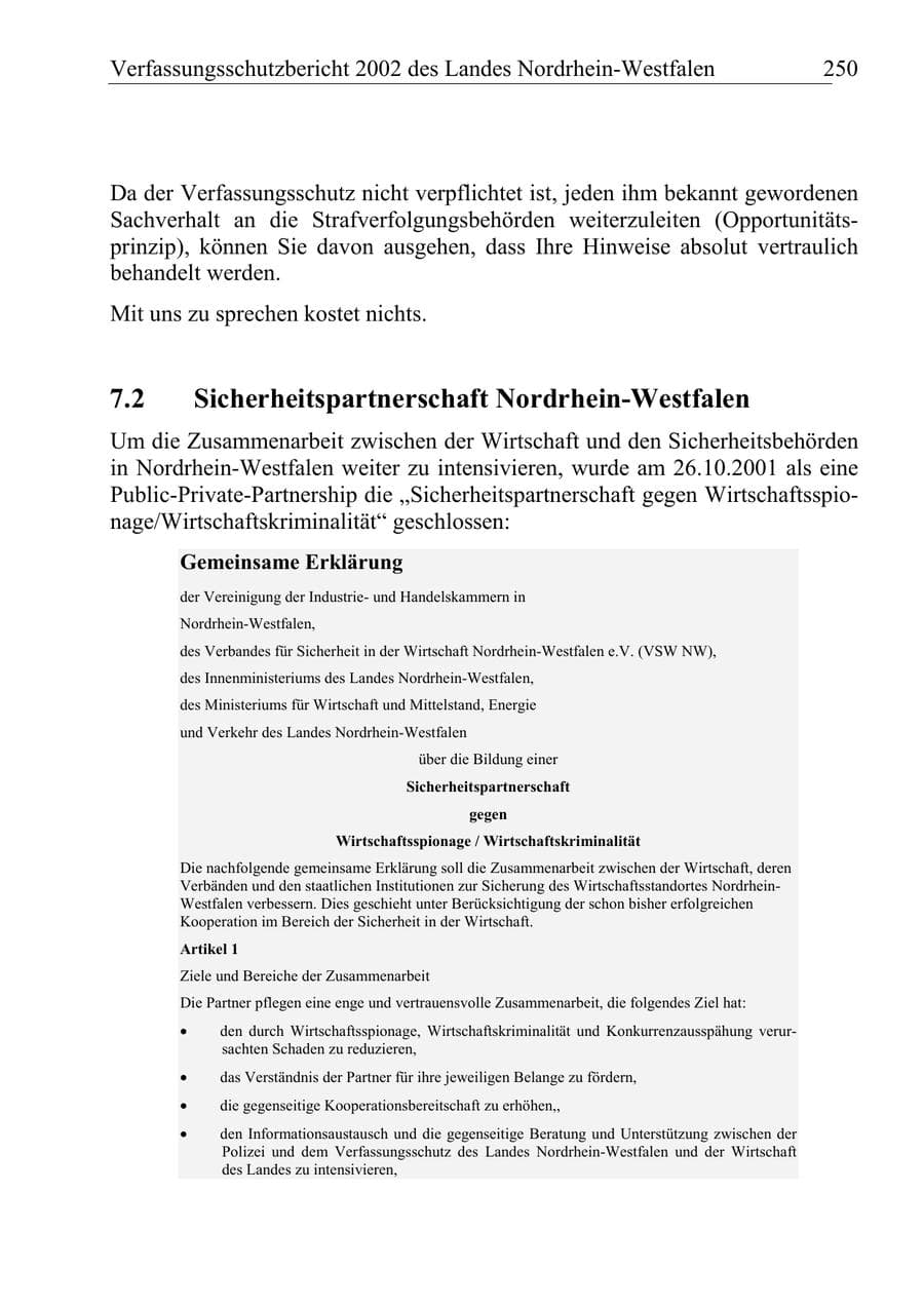 Seite 249 des Verfassungsschutzbericht 2002 Nordrhein-Westfalen