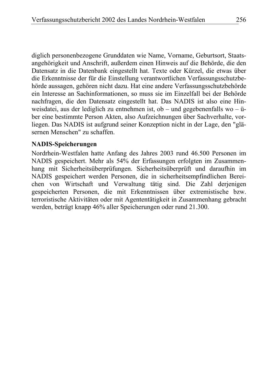 Seite 255 des Verfassungsschutzbericht 2002 Nordrhein-Westfalen