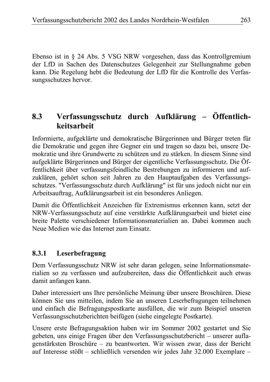 Seite 262 des Verfassungsschutzbericht 2002 Nordrhein-Westfalen