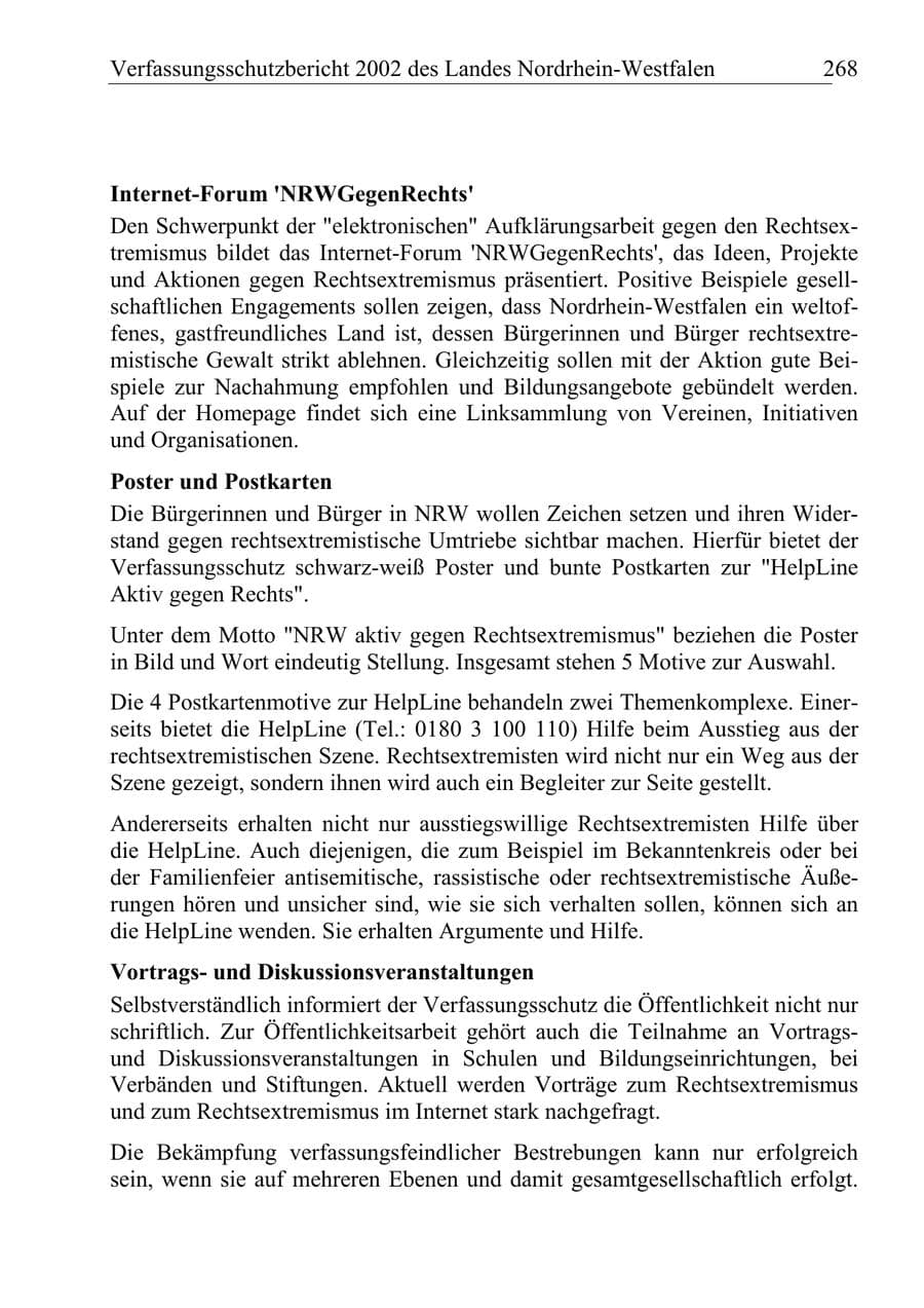 Seite 267 des Verfassungsschutzbericht 2002 Nordrhein-Westfalen