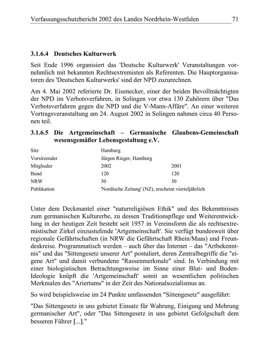 Seite 70 des Verfassungsschutzbericht 2002 Nordrhein-Westfalen