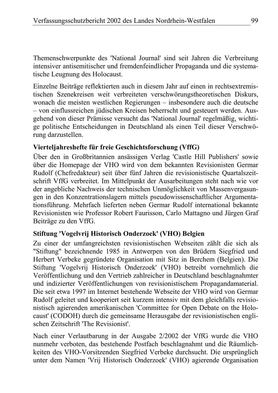 Seite 98 des Verfassungsschutzbericht 2002 Nordrhein-Westfalen