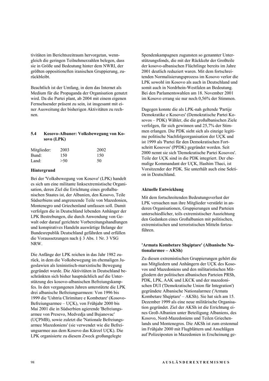 Seite 104 des Verfassungsschutzbericht 2003 Nordrhein-Westfalen
