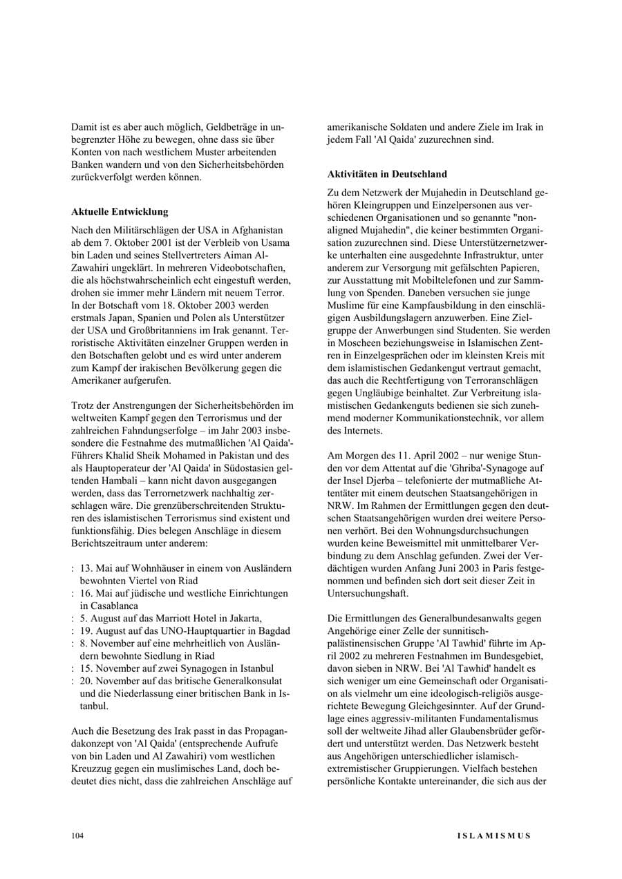 Seite 110 des Verfassungsschutzbericht 2003 Nordrhein-Westfalen