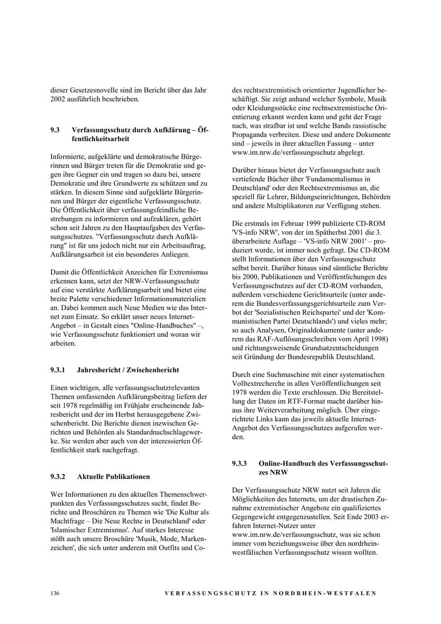 Seite 142 des Verfassungsschutzbericht 2003 Nordrhein-Westfalen