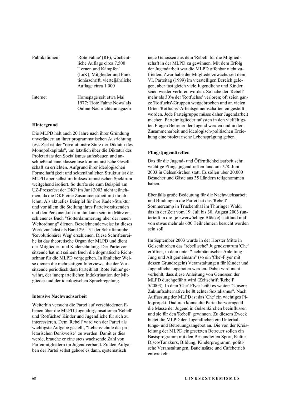 Seite 74 des Verfassungsschutzbericht 2003 Nordrhein-Westfalen
