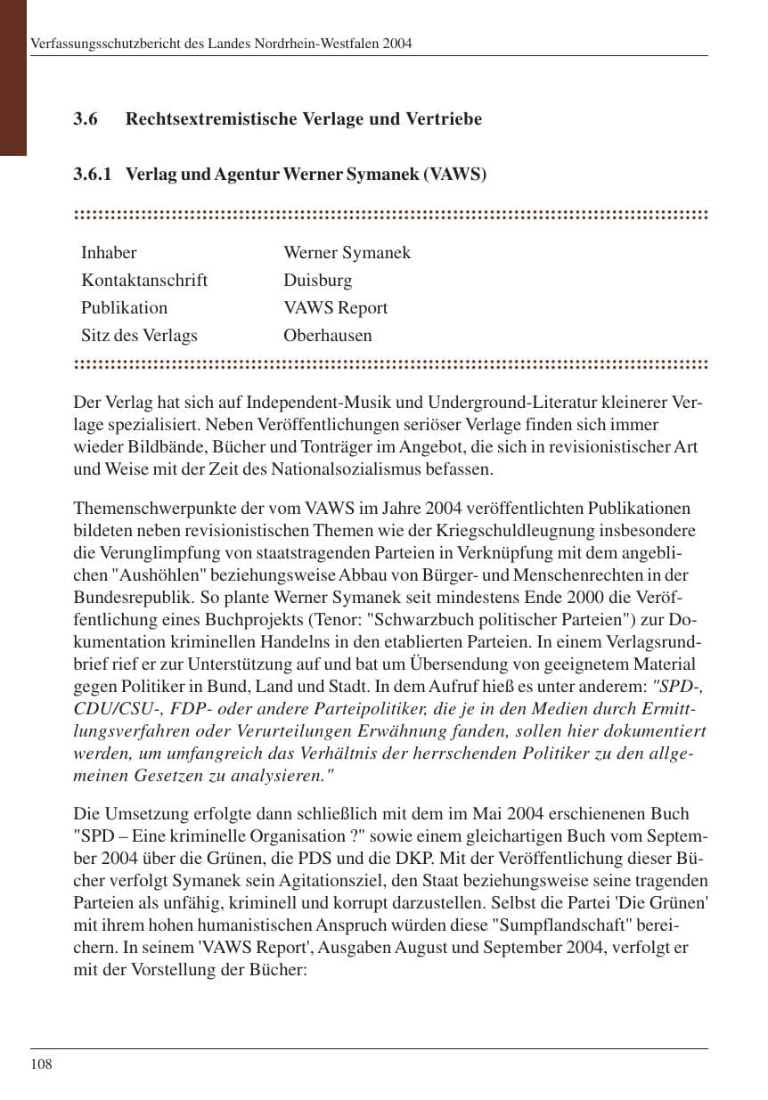 Seite 110 des Verfassungsschutzbericht 2004 Nordrhein-Westfalen
