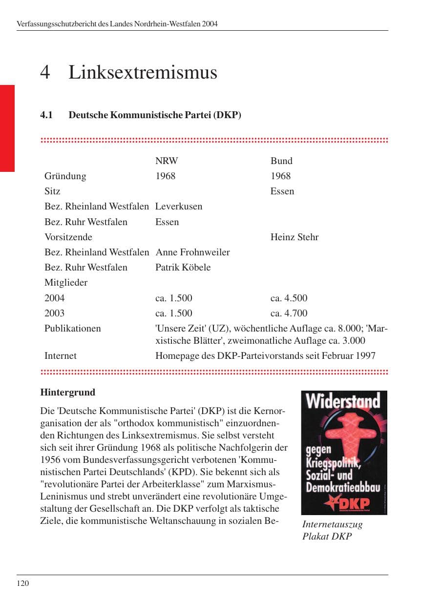 Seite 122 des Verfassungsschutzbericht 2004 Nordrhein-Westfalen