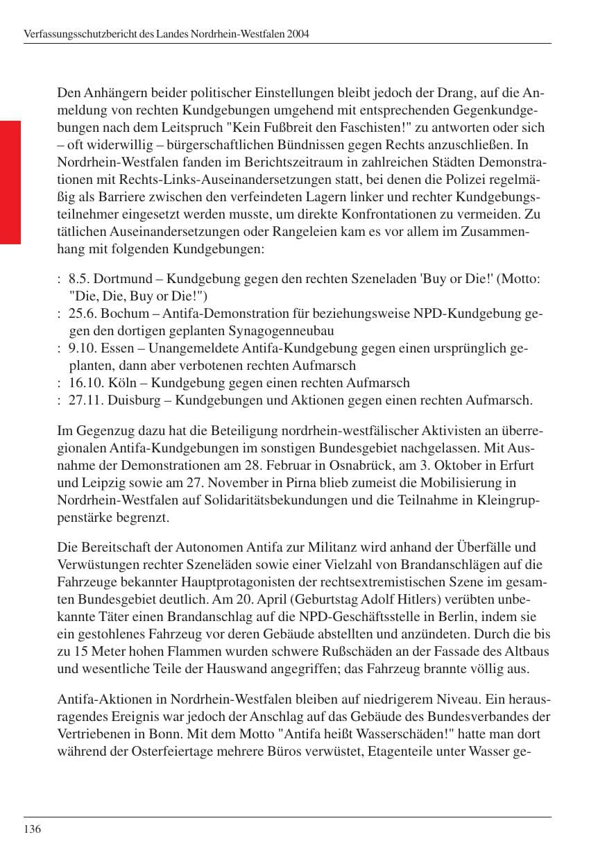 Seite 138 des Verfassungsschutzbericht 2004 Nordrhein-Westfalen