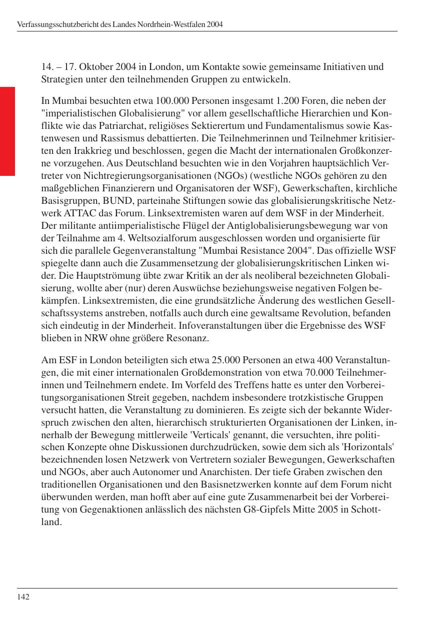 Seite 144 des Verfassungsschutzbericht 2004 Nordrhein-Westfalen