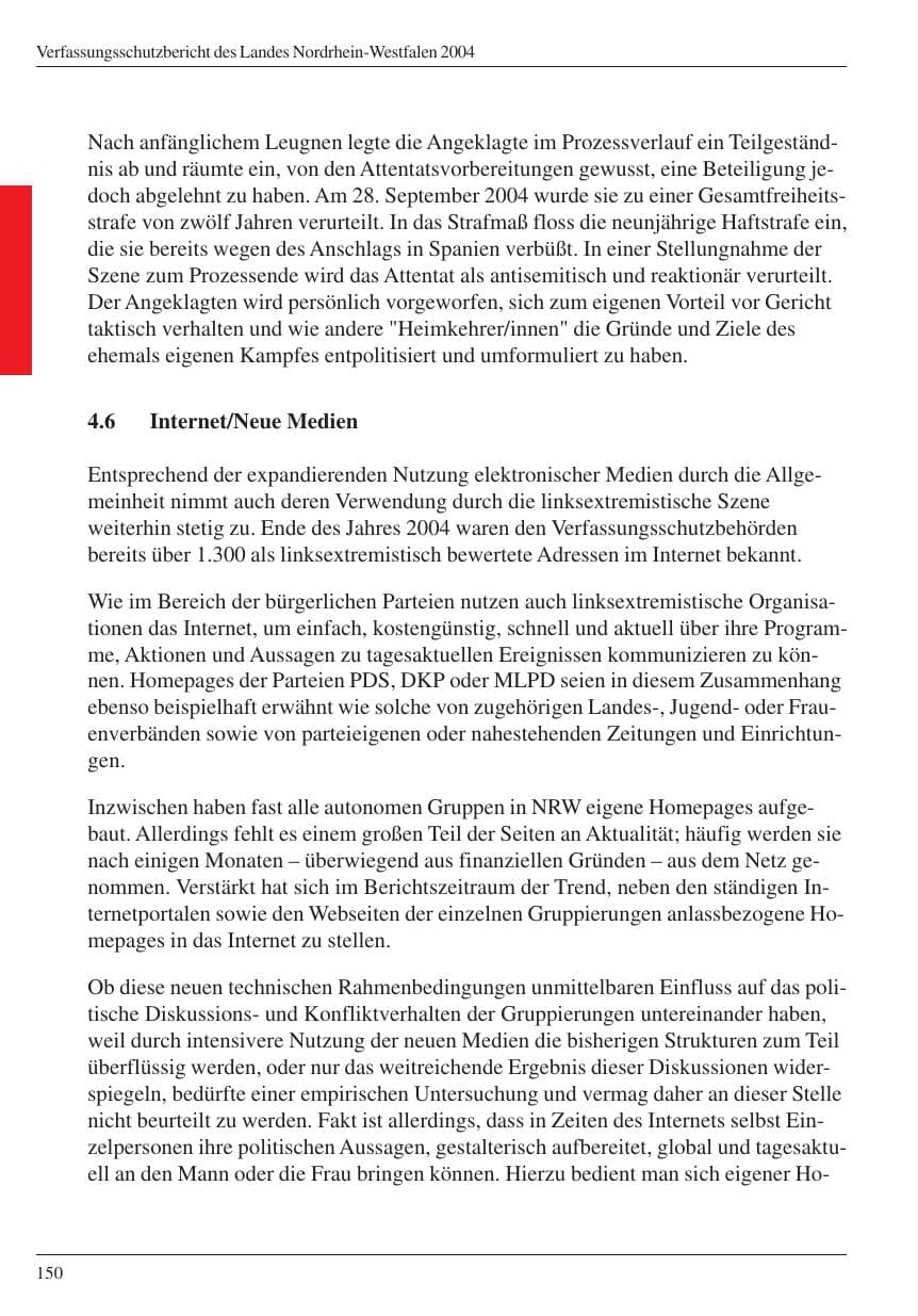 Seite 152 des Verfassungsschutzbericht 2004 Nordrhein-Westfalen