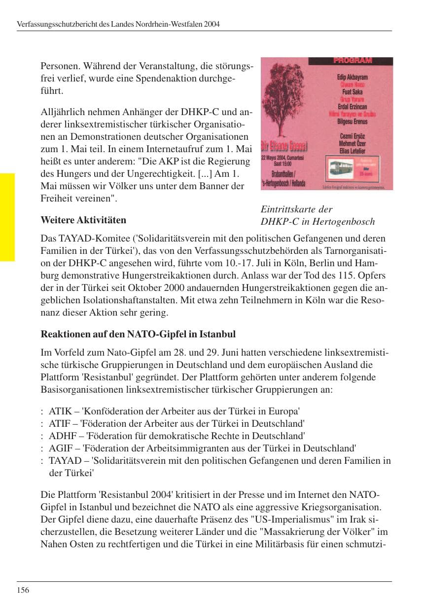 Seite 158 des Verfassungsschutzbericht 2004 Nordrhein-Westfalen