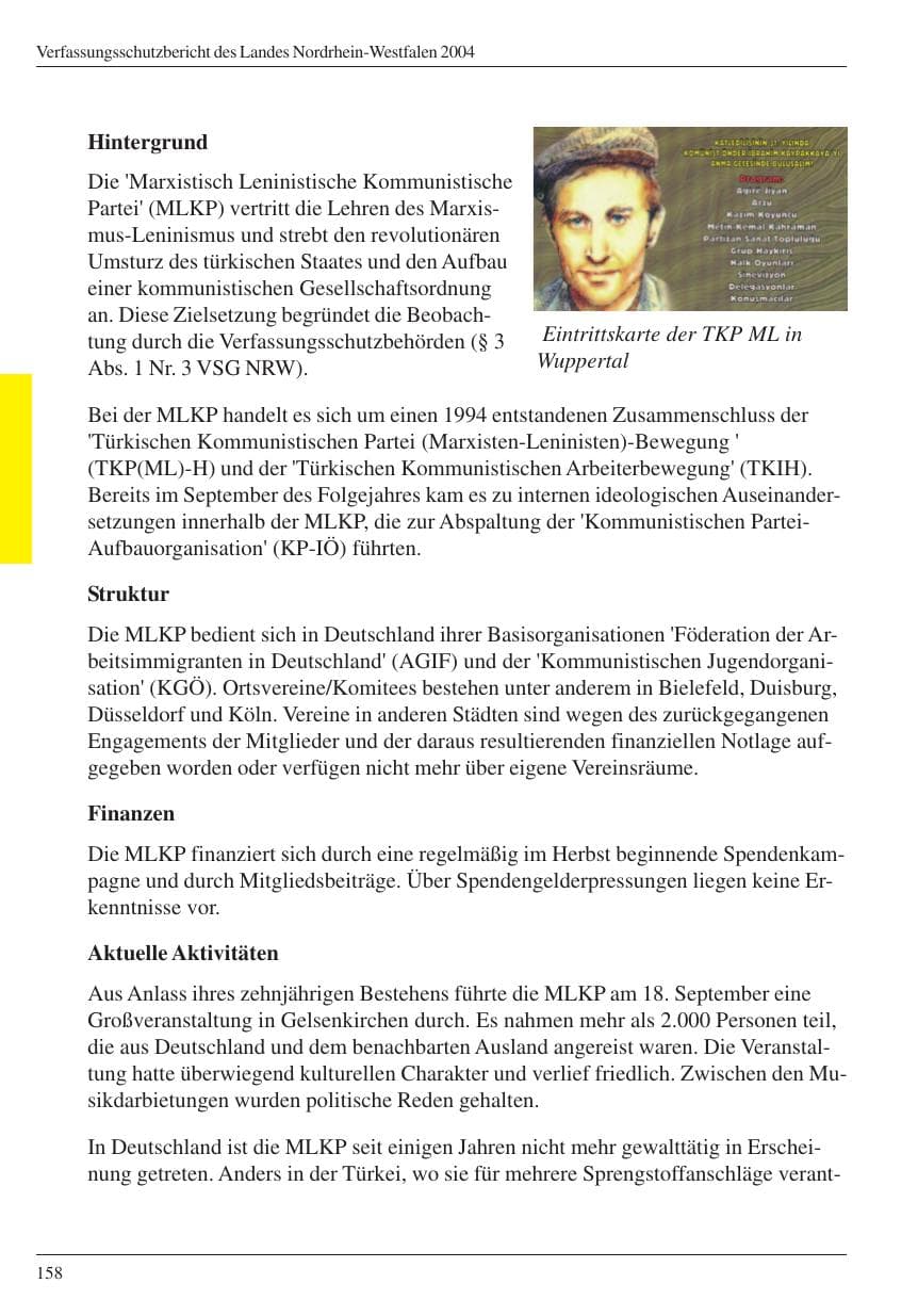 Seite 160 des Verfassungsschutzbericht 2004 Nordrhein-Westfalen