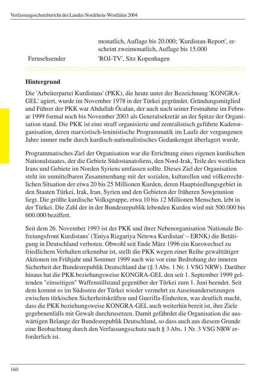 Seite 162 des Verfassungsschutzbericht 2004 Nordrhein-Westfalen