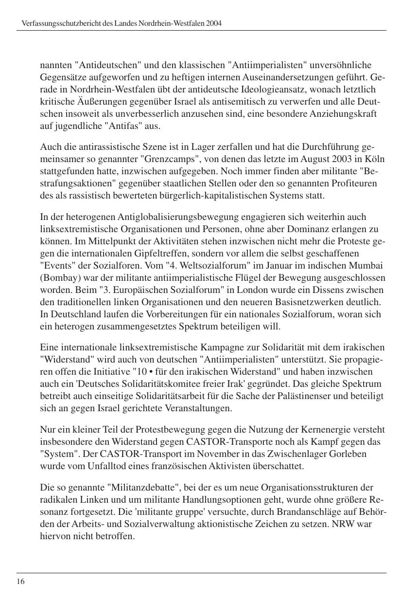 Seite 18 des Verfassungsschutzbericht 2004 Nordrhein-Westfalen