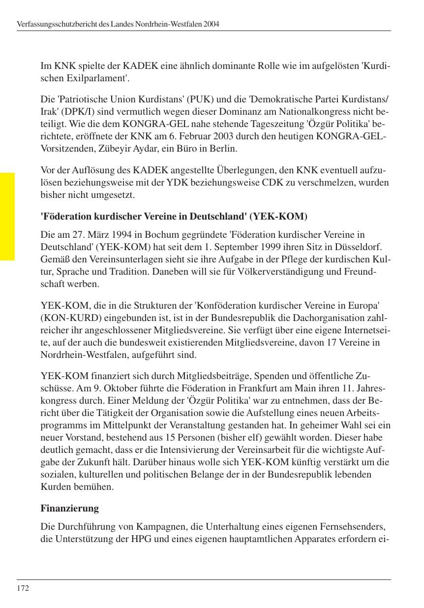 Seite 174 des Verfassungsschutzbericht 2004 Nordrhein-Westfalen