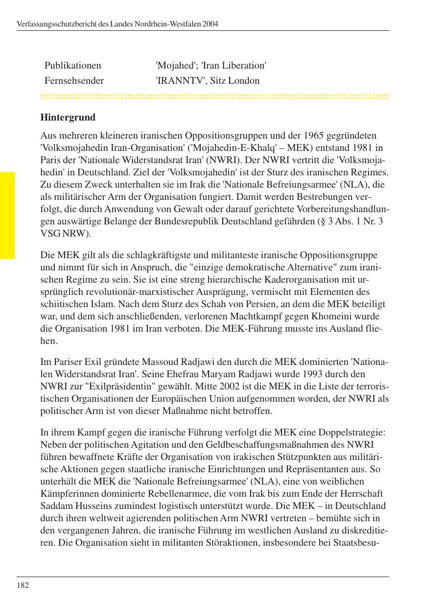 Seite 184 des Verfassungsschutzbericht 2004 Nordrhein-Westfalen