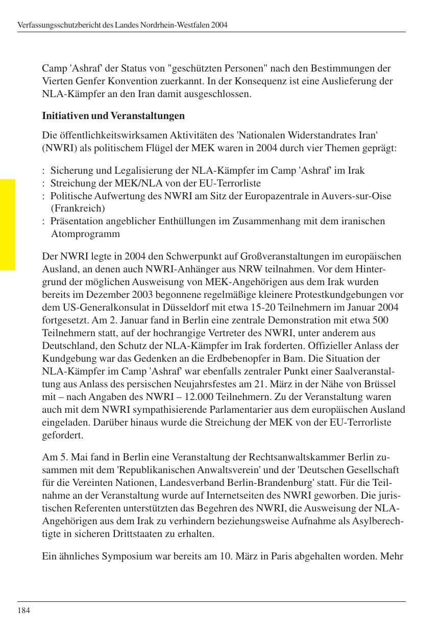 Seite 186 des Verfassungsschutzbericht 2004 Nordrhein-Westfalen