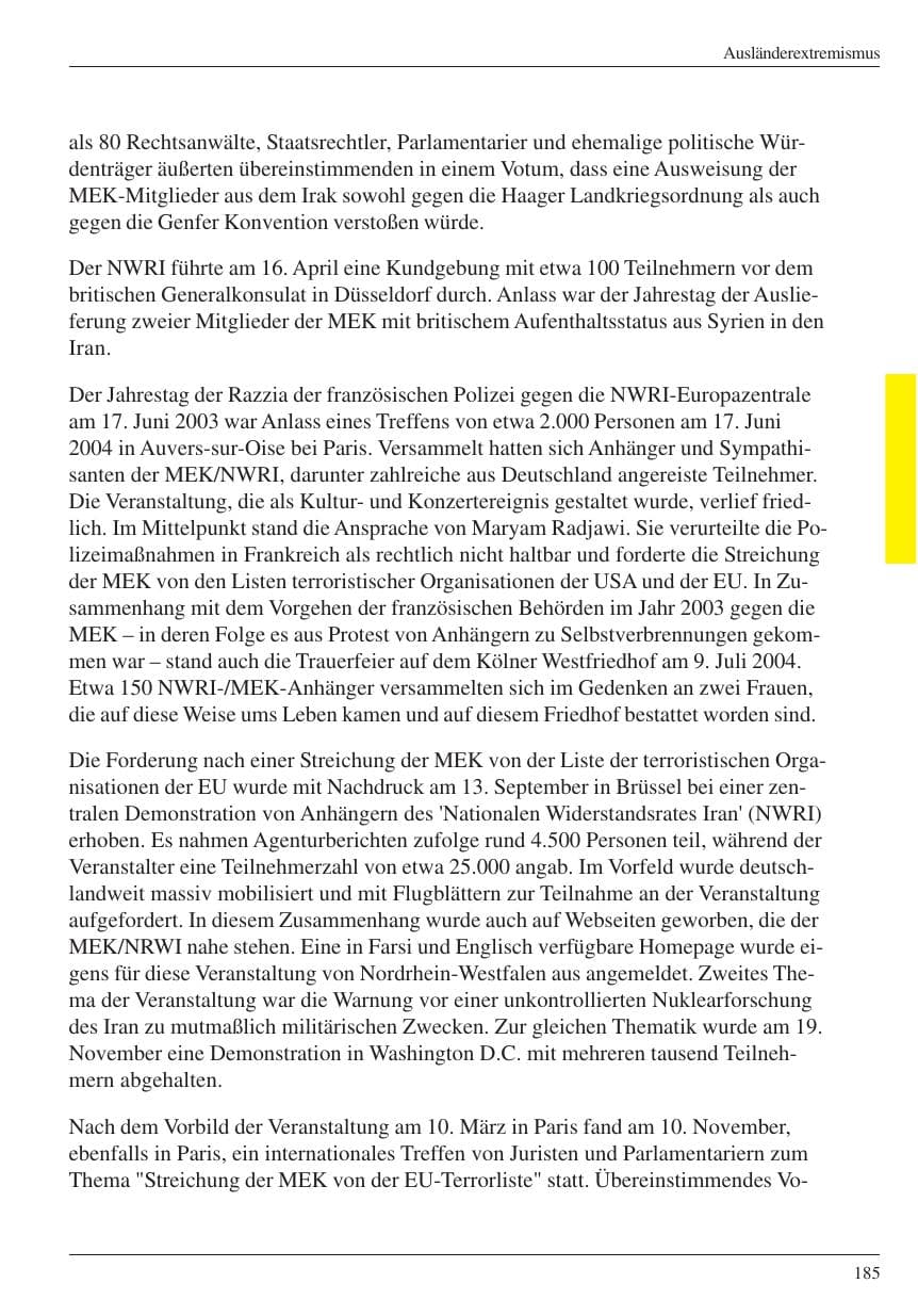 Seite 187 des Verfassungsschutzbericht 2004 Nordrhein-Westfalen