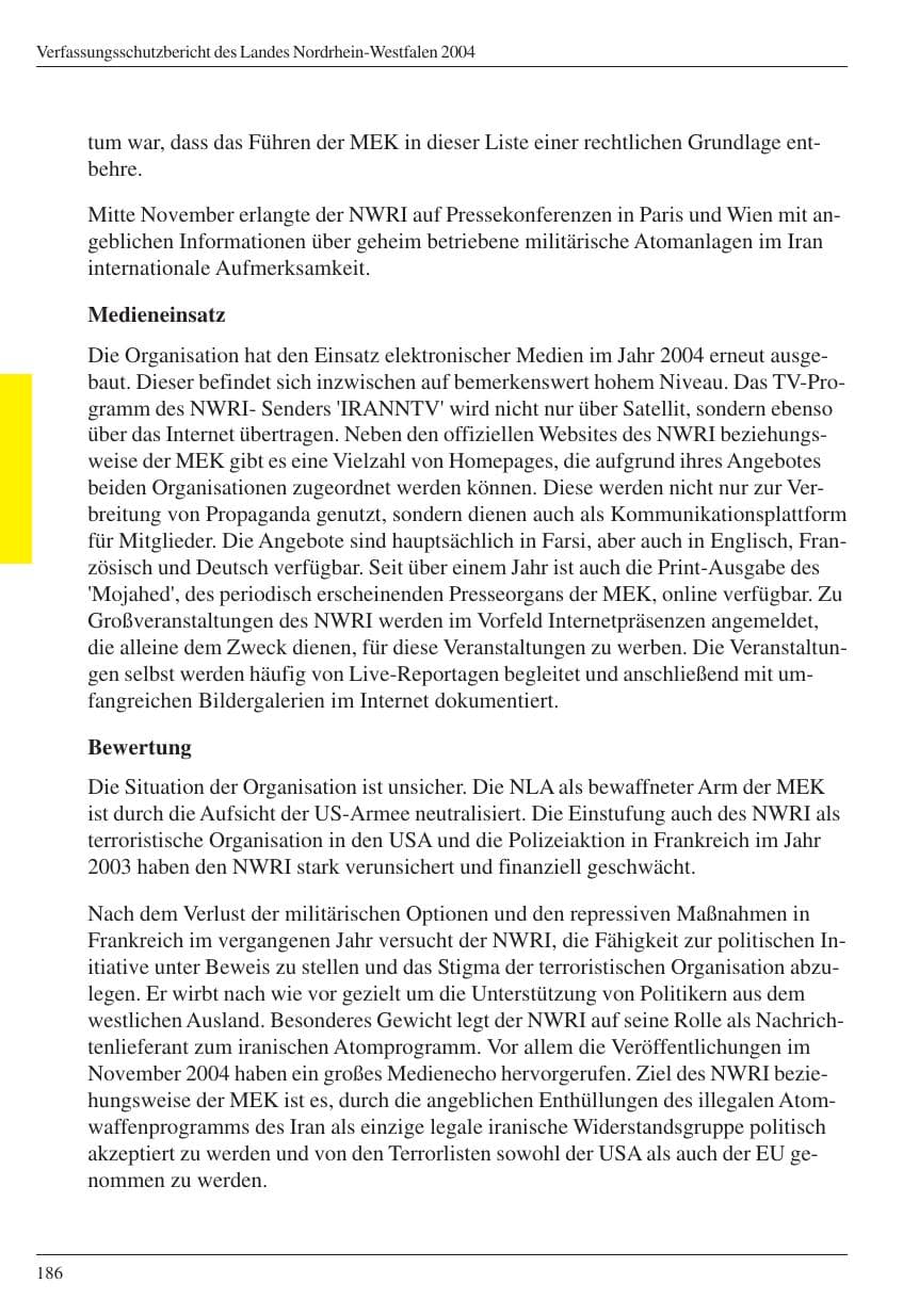 Seite 188 des Verfassungsschutzbericht 2004 Nordrhein-Westfalen