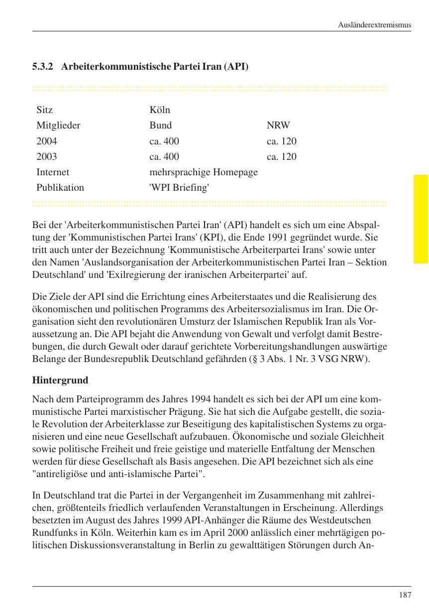 Seite 189 des Verfassungsschutzbericht 2004 Nordrhein-Westfalen