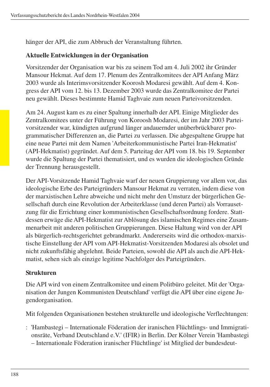 Seite 190 des Verfassungsschutzbericht 2004 Nordrhein-Westfalen