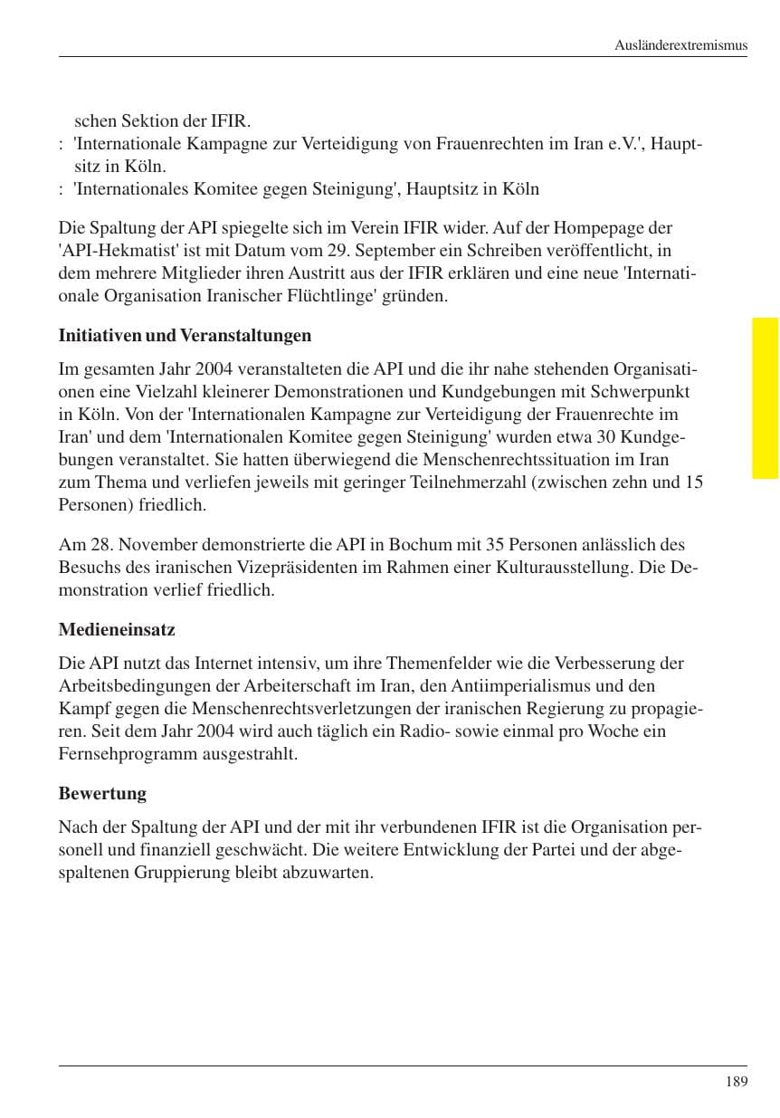 Seite 191 des Verfassungsschutzbericht 2004 Nordrhein-Westfalen