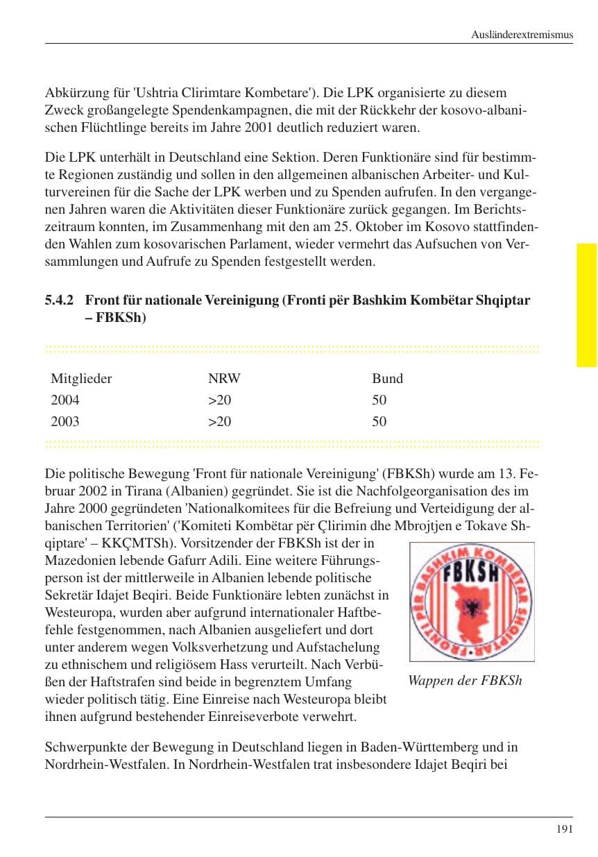Seite 193 des Verfassungsschutzbericht 2004 Nordrhein-Westfalen