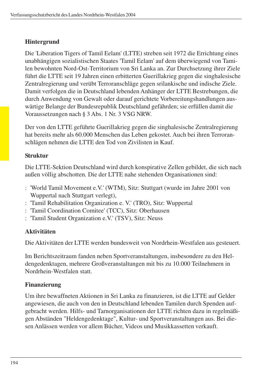Seite 196 des Verfassungsschutzbericht 2004 Nordrhein-Westfalen