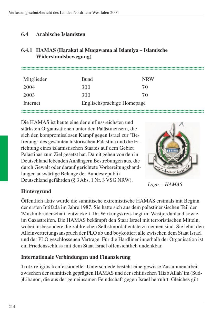 Seite 216 des Verfassungsschutzbericht 2004 Nordrhein-Westfalen
