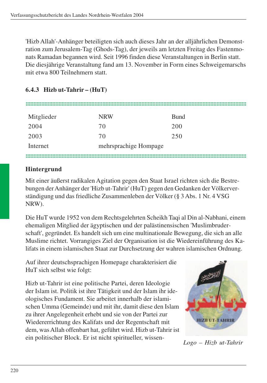 Seite 222 des Verfassungsschutzbericht 2004 Nordrhein-Westfalen