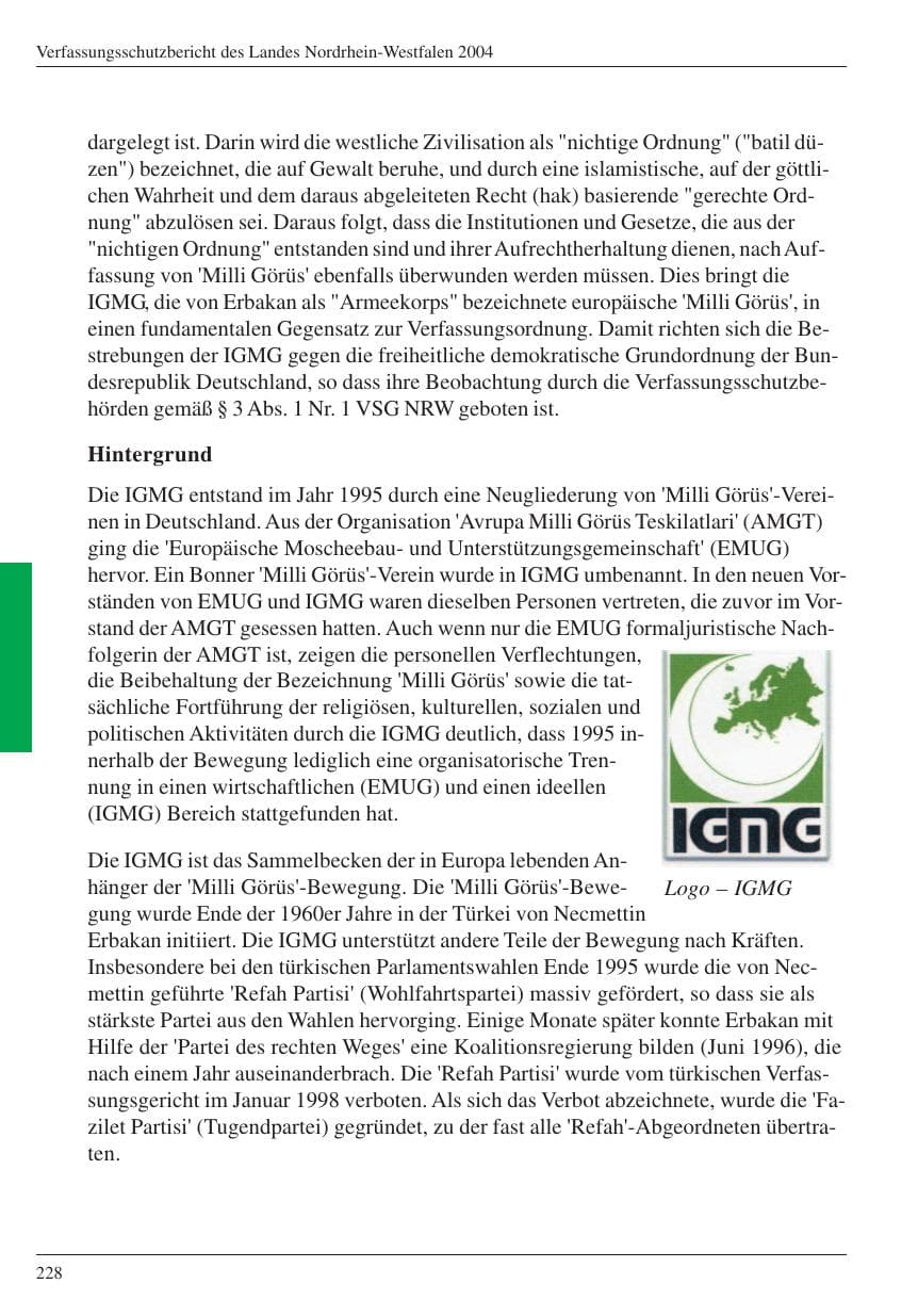 Seite 230 des Verfassungsschutzbericht 2004 Nordrhein-Westfalen