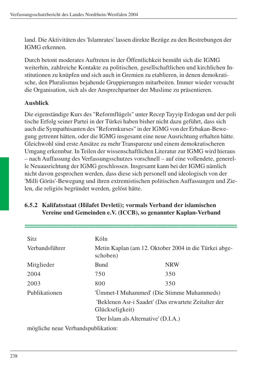 Seite 240 des Verfassungsschutzbericht 2004 Nordrhein-Westfalen