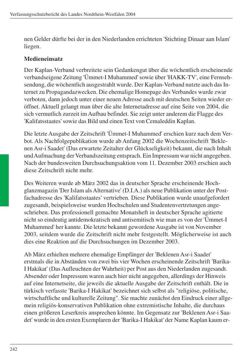 Seite 244 des Verfassungsschutzbericht 2004 Nordrhein-Westfalen