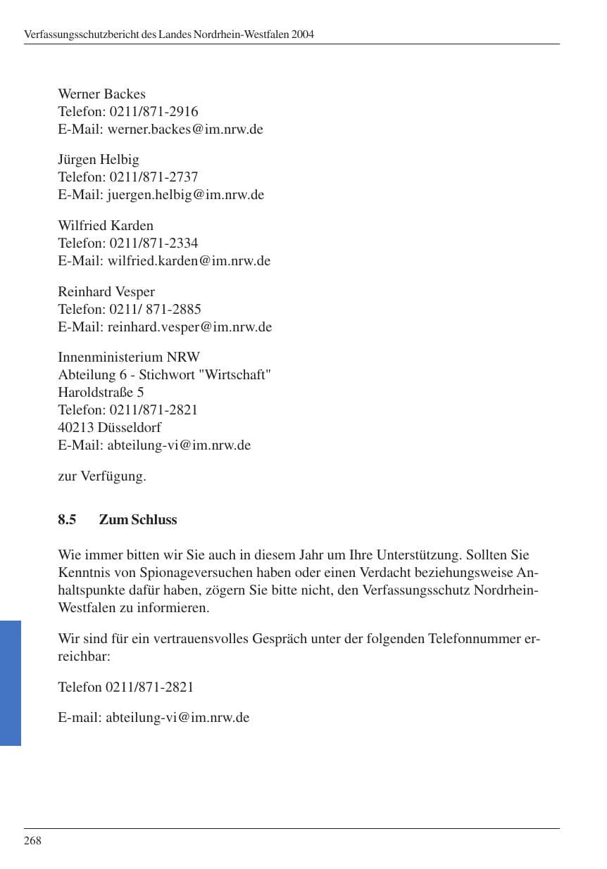 Seite 270 des Verfassungsschutzbericht 2004 Nordrhein-Westfalen