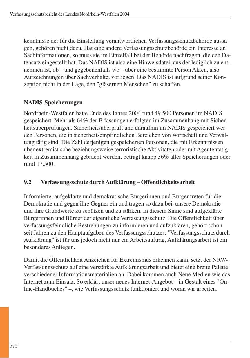 Seite 272 des Verfassungsschutzbericht 2004 Nordrhein-Westfalen