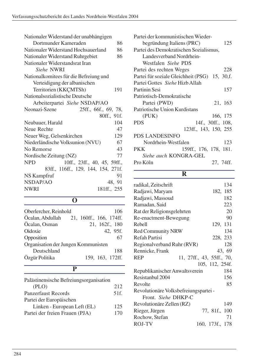 Seite 286 des Verfassungsschutzbericht 2004 Nordrhein-Westfalen