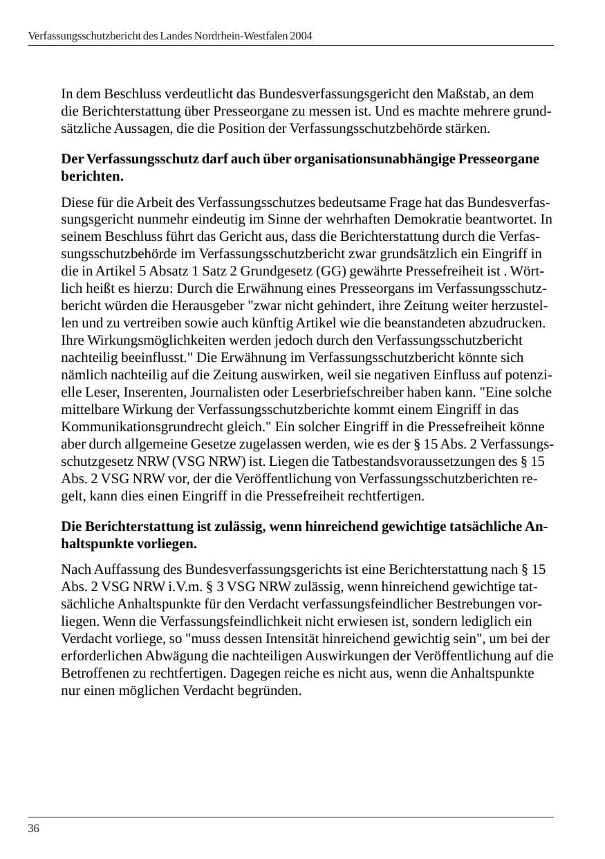 Seite 38 des Verfassungsschutzbericht 2004 Nordrhein-Westfalen