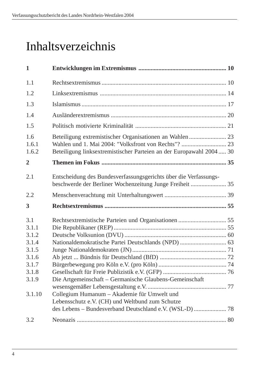Seite 6 des Verfassungsschutzbericht 2004 Nordrhein-Westfalen