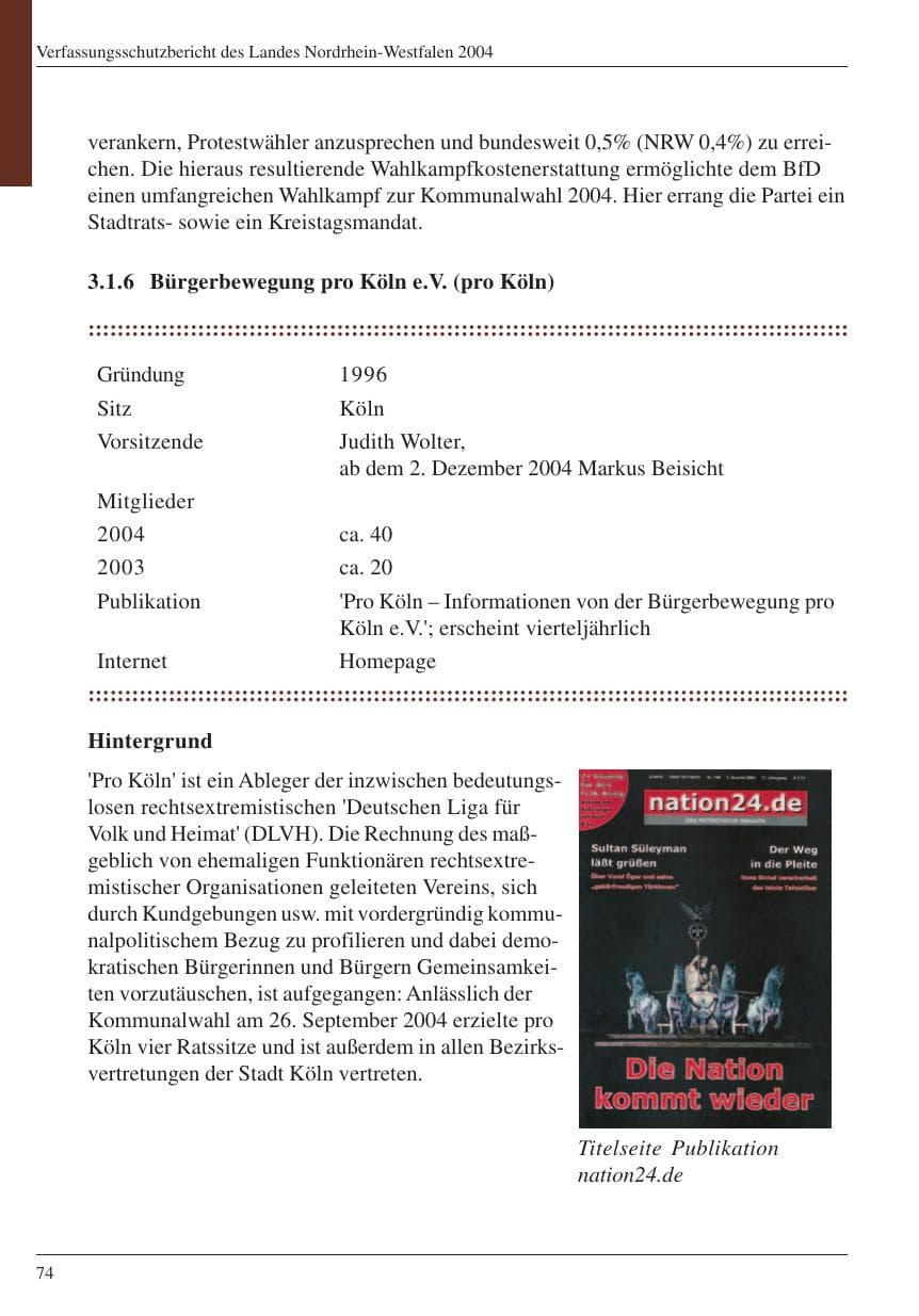 Seite 76 des Verfassungsschutzbericht 2004 Nordrhein-Westfalen